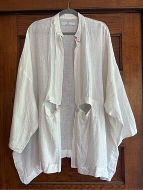 KEDEM SASSON 100% Linen Lagenlook Open Front Oversized Top Jacket White Beachy
